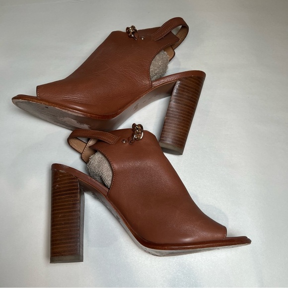 Coach Leanna Sandals Heel Size 9 Camel Brown Open Toe Sling Back Gold Chain - Picture 9 of 15